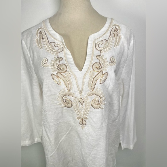 Saint Tropez Linen Top Tunic Size L White 3/4 sleeve Embroidery - Picture 3 of 8